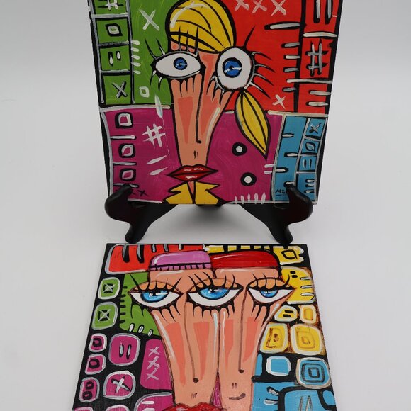 Mauro Masi Other - Pair of RARE Signed Original Argentinian Artist Mauro Masi Hand Painted Tiles